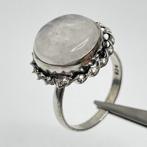 Silver Plated Round Cut White Moonstone Gemstone Bezel Set Ring Sz 9 Boho